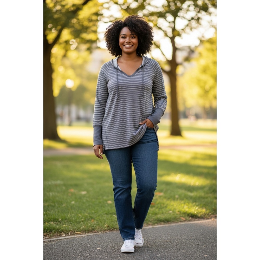 Maurices Womens Small Gray Striped Hoodie V-Neck Long Sleeve Lightweight Top